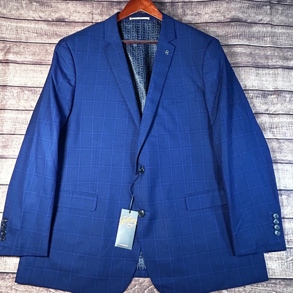 Johnny Bigg Suit Jacket Marine Blue Windowpane Plaid Blazer Size 48 NWT